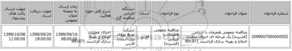 مناقصه عمومی همزمان با ارزیابی (فشرده) یک مرحله ای اجرای عملیات اصلاح و بهینه سازی فراشبند 991971