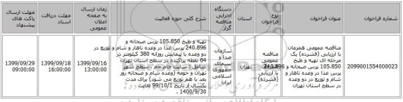 مناقصه عمومی همزمان با ارزیابی (فشرده) یک مرحله ای تهیه و طبخ 105،850 پرس صبحانه و 240،896 پرس غذا در وعده ناهار و شام و توزیع در دو وعده در سطح استان تهران