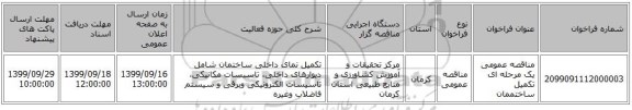 مناقصه عمومی یک مرحله ای تکمیل ساختممان 