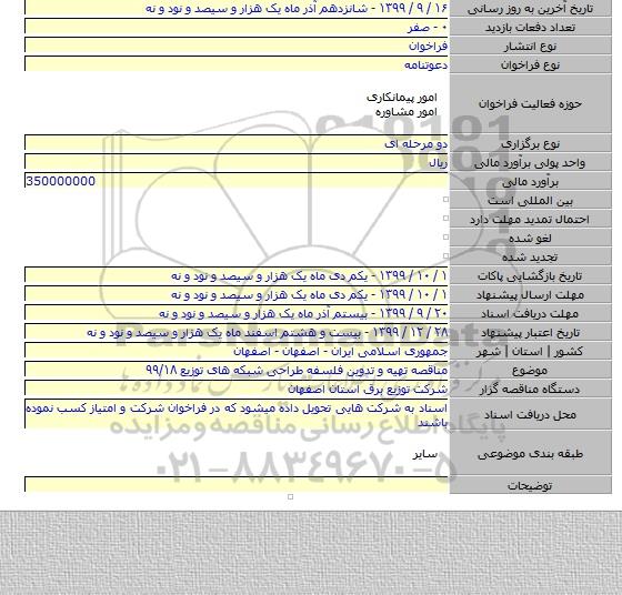 مناقصه تهیه و تدوین فلسفه طراحی شبکه های توزیع  ۹۹/۱۸