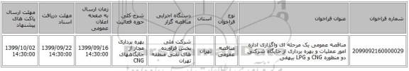 مناقصه عمومی یک مرحله ای واگذاری اداره امور عملیات و بهره برداری از جایگاه شرکتی دو منظوره  CNG و LPG بیهقی 