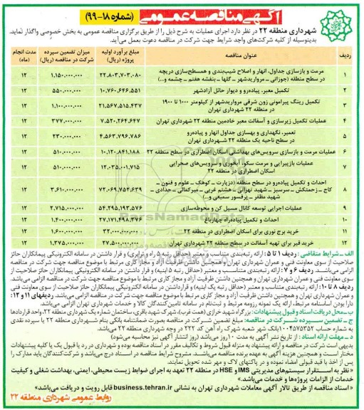 آگهی مناقصه عمومی ،مناقصه مرمت و بازسازی جداول، نهار و اصلاح شیب بندی و همسطح سازی دریچه و...
