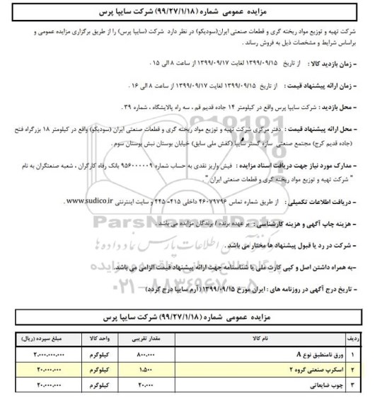 مزایده, مزایده ورق نامنطبق نوع A... 