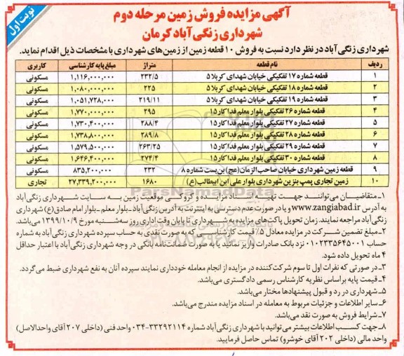 مزایده ،مزایده فروش 10 قطعه زمین از زمین های شهرداری مرحله دوم نوبت اول