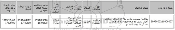 مناقصه عمومی یک مرحله ای اجرای اسکلت آجری بنایی دو طبقه (زون 2) اقدام ملی مسکن شهرستان خنج