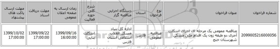 مناقصه عمومی یک مرحله ای اجرای اسکلت آجری دو طبقه زون یک اقدام ملی مسکن شهرستان خنج