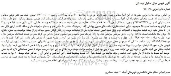 مزایده،مزایده فروش ششدانگ سرقفلی یک باب مغازه