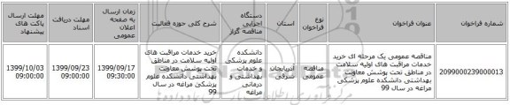 مناقصه عمومی یک مرحله ای خرید خدمات مراقبت های اولیه سلامت در مناطق تحت پوشش معاونت بهداشتی دانشکده علوم پزشکی مراغه  در سال 99  