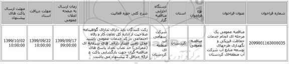 مناقصه عمومی یک مرحله ای انجام خدمات حفاظت فیزیکی و نگهداری طرحهای توسعه منابع آب شرکت آب منطقه‌ای کردستان