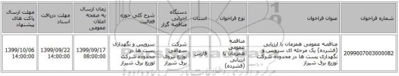 مناقصه عمومی همزمان با ارزیابی (فشرده) یک مرحله ای سرویس و نگهداری پست ها در محدوده شرکت توزیع برق شیراز