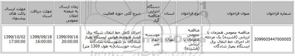 مناقصه عمومی همزمان با ارزیابی (فشرده) یک مرحله ای اجرای خط انتقال برق ایستگاه پمپاژ شادگان