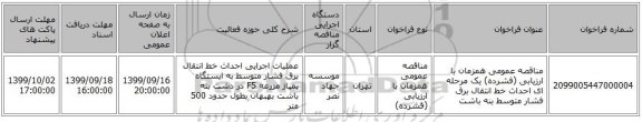 مناقصه عمومی همزمان با ارزیابی (فشرده) یک مرحله ای احداث خط انتقال برق فشار متوسط بنه باشت