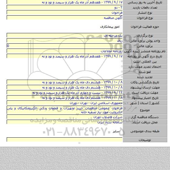 فراخوان عمومی مناقصات خرید تجهیزات و قطعات یدکی الکترومکانیکال و پلی الکترولیت موزد نیاز تصفیه خانه