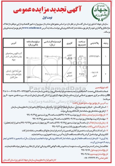 مزایده،مزایده تجدید فروش دو فقره از املاک مازاد تجاری و خدماتی نوبت اول 