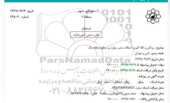 استعلام روکش و لکه گیری آسفالت معابر سواره رو 