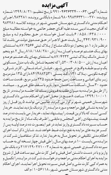 مزایده،مزایده دو پنجم از دو دانگ مشاع از پلاک ثبتی 87.3566