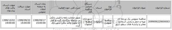 مناقصه عمومی یک مرحله ای تهیه و حمل و پخش آسفالت معابر و ترانشه های سطح شهر 
