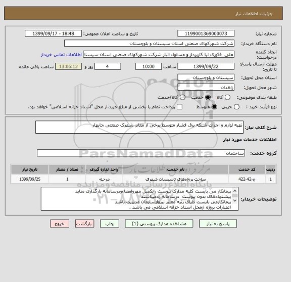 استعلام تهیه لوازم و اجرای شبکه برق فشار متوسط برخی از معابر شهرک صنعتی چابهار