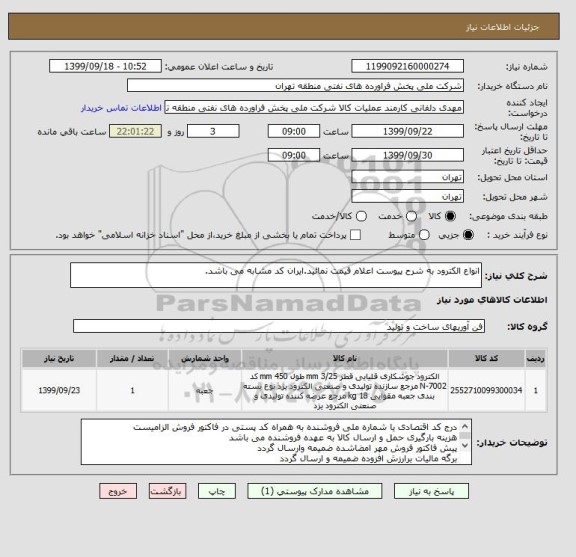 استعلام انواع الکترود به شرح پیوست اعلام قیمت نمائید.ایران کد مشابه می باشد.