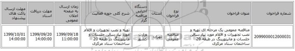 مناقصه عمومی یک مرحله ای تهیه و نصب تجهیزات و اقلام مورد نیاز سالن جلسات و مانیتورینگ در طبقه 20 ساختمان ستاد مرکزی