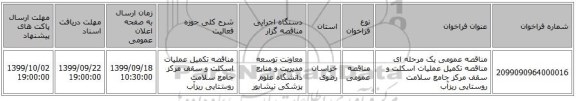مناقصه عمومی یک مرحله ای مناقصه تکمیل عملیات اسکلت و سقف مرکز جامع سلامت روستایی ریزآب 