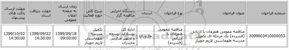 مناقصه عمومی همزمان با ارزیابی (فشرده) یک مرحله ای تکمیل مدرسه طهماسبی لاریم جویبار