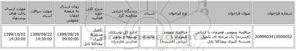 مناقصه عمومی همزمان با ارزیابی (فشرده) یک مرحله ای تکمیل مدرسه کبیری پیچاکلا بابل