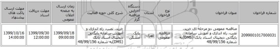 مناقصه عمومی دو مرحله ای خرید، نصب، راه اندازی و آموزش سامانه بایگانی دیجیتال اسناد بانک (DMS)به شماره 48/99/156
