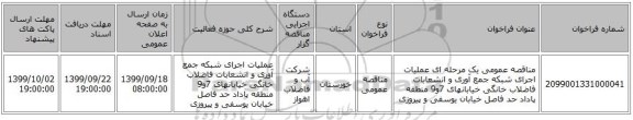 مناقصه عمومی یک مرحله ای عملیات اجرای شبکه جمع آوری و انشعابات فاضلاب خانگی خیابانهای 7و9 منطقه پاداد حد فاصل خیابان یوسفی و پیروزی