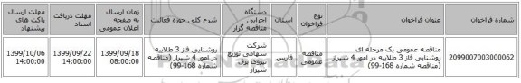 مناقصه عمومی یک مرحله ای روشنایی فاز 3 طلاییه در امور 4 شیراز (مناقصه شماره 168-99)