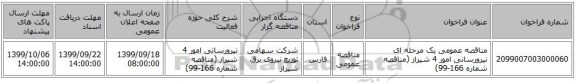 مناقصه عمومی یک مرحله ای نیرورسانی امور 4 شیراز (مناقصه شماره 166-99)