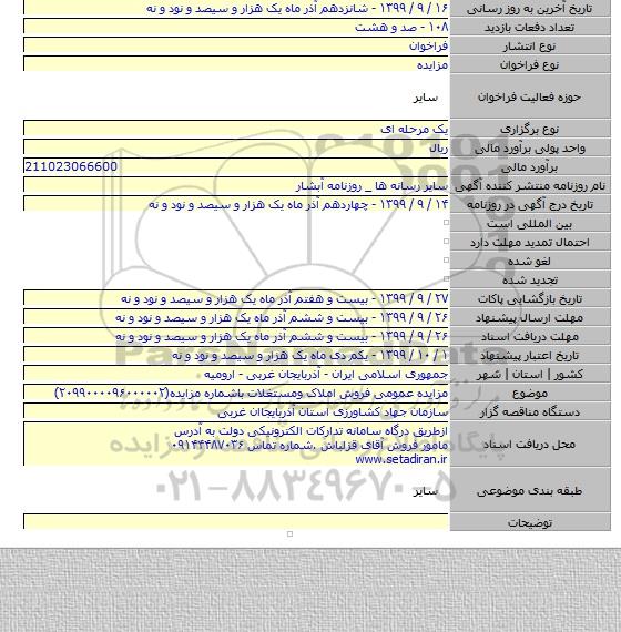 مزایده عمومی فروش املاک ومستغلات باشماره مزایده(۲۰۹۹۰۰۰۰۹۶۰۰۰۰۰۲)