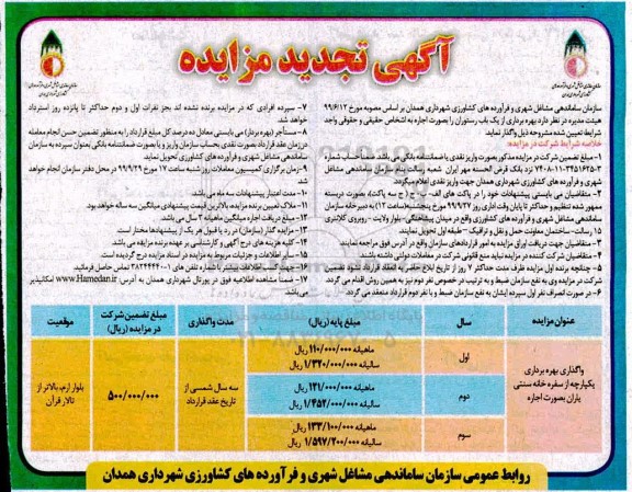تجدید مزایده, مزایده بهره برداری از یکباب رستوران- تجدید