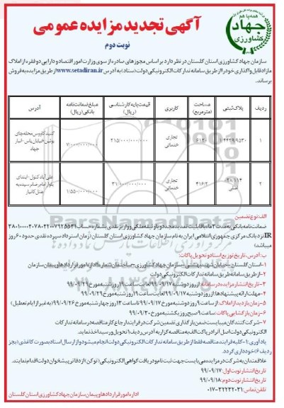 مزایده،مزایده تجدید فروش دو فقره از املاک مازاد تجاری و خدماتی نوبت دوم 
