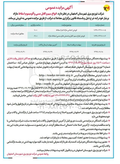 مزایده, مزایده انواع سیم و کابل مسی و آلومینیوم اسقاط مازاد