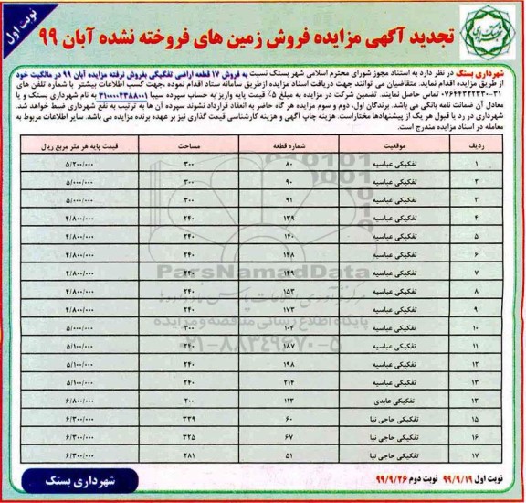 آگهی مزایده مزایده تجدید فروش زمین های فروخته نشده نوبت اول 