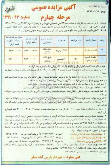 آگهی مزایده مزایده فروش 6 قطعه زمین با کاربری تجاری مرحله چهارم نوبت اول 