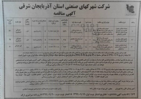مناقصه, مناقصه احداث خیابان، جدول گذاری و زیرسازی...