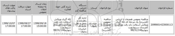 مناقصه عمومی همزمان با ارزیابی (فشرده) یک مرحله ای لکه گیری وروکش آسفالت باند رفت وبرگشت کمربندی سبزوارنوبت چهارم99/31/146