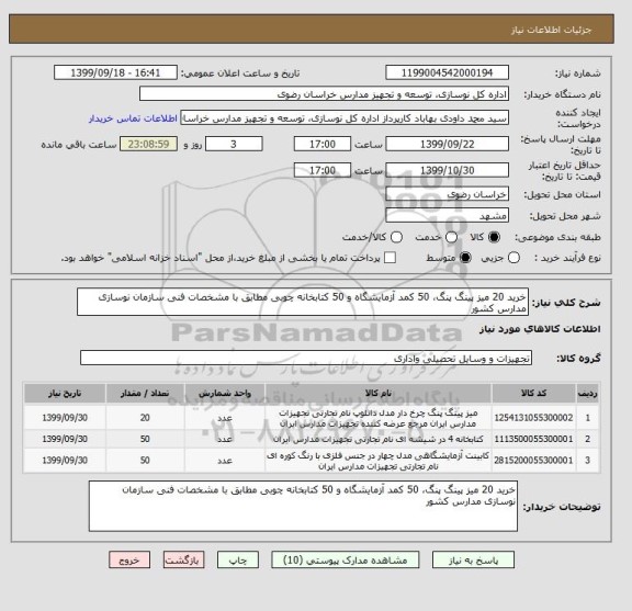 استعلام خرید 20 میز پینگ پنگ، 50 کمد آزمایشگاه و 50 کتابخانه چوبی مطابق با مشخصات فنی سازمان نوسازی مدارس کشور
