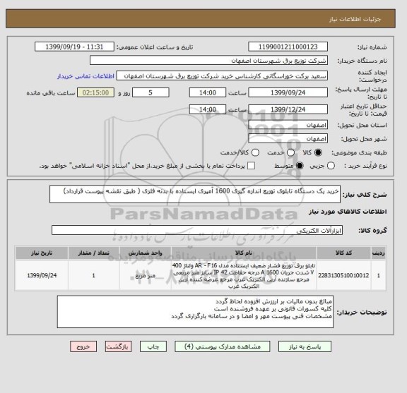استعلام خرید یک دستگاه تابلوی توزیع اندازه گیری 1600 آمپری ایستاده با بدنه فلزی ( طبق نقشه پیوست قرارداد)