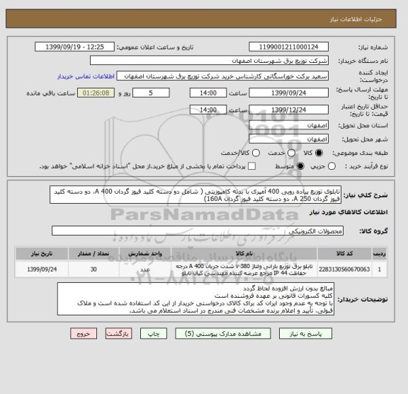 استعلام تابلوی توزیع پیاده رویی 400 آمپری با بدنه کامپوزیتی ( شامل دو دسته کلید فیوز گردان 400 A، دو دسته کلید فیوز گردان 250 A، دو دسته کلید فیوز گردان 160A)