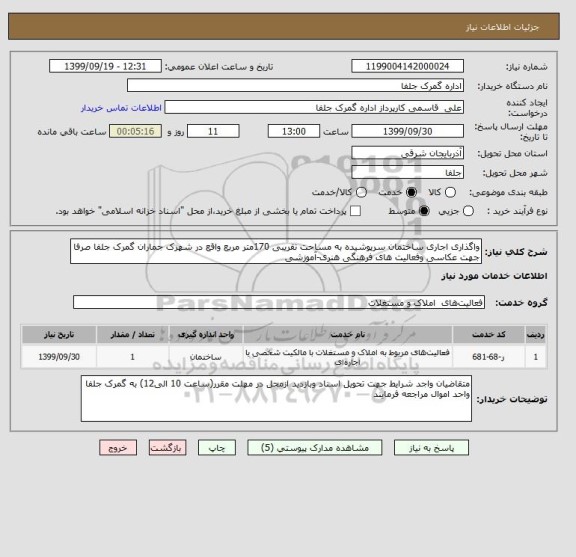 استعلام واگذاری اجاری ساختمان سرپوشیده به مساحت تقریبی 170متر مربع واقع در شهرک جماران گمرک جلفا صرفا جهت عکاسی وفعالیت های فرهنگی هنری-آموزشی
