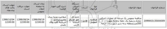 مناقصه عمومی یک مرحله ای عملیات اجرائی حفاری و پمپاژ یک حلقه چاه به عمق 200متردرمنطقه بدنه شیر شهرستان خرامه