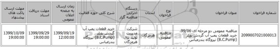مناقصه عمومی دو مرحله ای 99/06، خرید قطعات پمپ آب گردش بویلر (B.C.Pump) نیروگاه بندرعباس