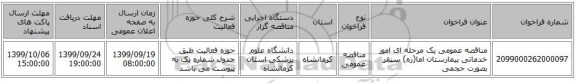 مناقصه عمومی یک مرحله ای امور خدماتی بیمارستان اما(ره) سنقر بصورت حجمی