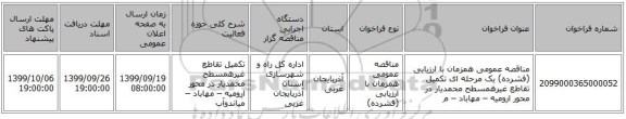 مناقصه عمومی همزمان با ارزیابی (فشرده) یک مرحله ای  تکمیل تقاطع غیرهمسطح محمدیار در محور ارومیه – مهاباد – م