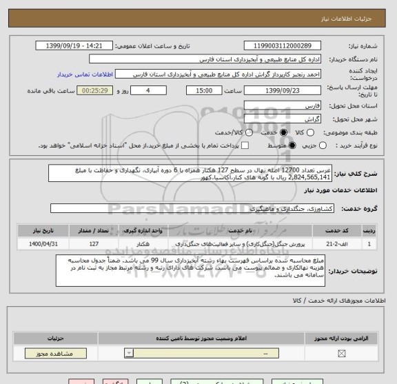 استعلام غرس تعداد 12700 اصله نهال در سطح 127 هکتار همراه با 6 دوره آبیاری، نگهداری و حفاظت با مبلغ 2,824,565,141 ریال با گونه های کنار،آکاسیا،کهور