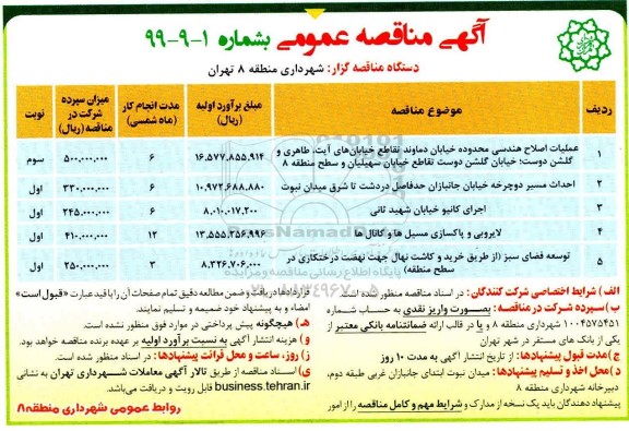 مناقصه , مناقصه عملیات اصلاح هندسی محدوده خیابان...