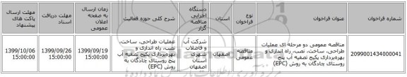مناقصه عمومی دو مرحله ای عملیات طراحی، ساخت، نصب، راه اندازی و بهره‌برداری پکیج تصفیه‌ آب  پنج روستای چادگان به روش (EPC)